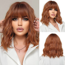 Auburn Bob Wig with Bangs Shoulder Length Curly Synthetic Hair for Women 14 Inch Natural Hairline