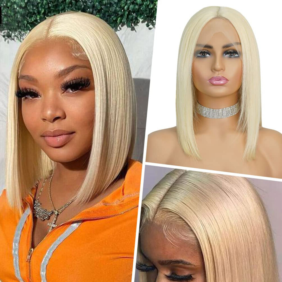Unisex 613 Blonde Bob Human Hair Lace Front Wig Hd Pre Plucked 13X4 Glueless 8 Inch 180% Density