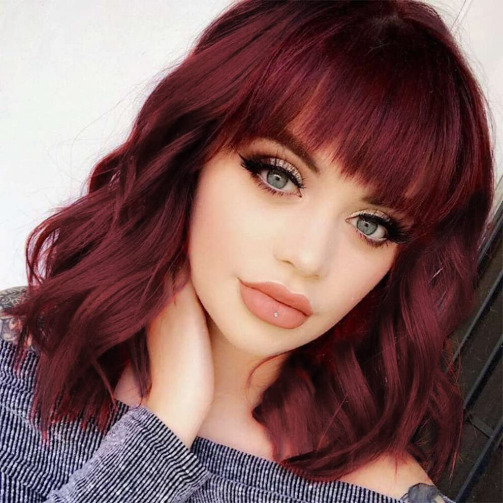 Unisex Red 14 Inch Wine Curly Wavy Bob Wig With Bangs For Women, Heat Resistant Synthetic, Realistic Scalp, Includes 2 Caps