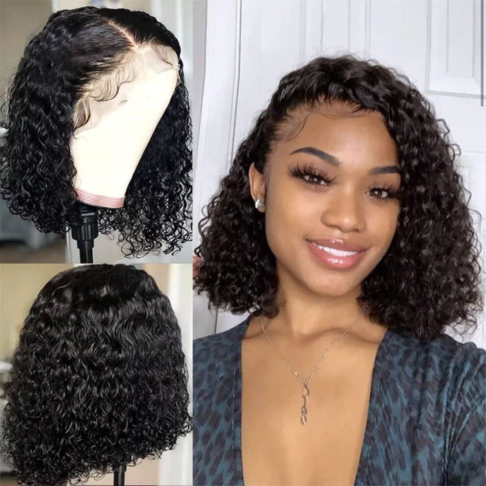 Unisex 13X6 Lace Front Curly Bob Wig Brazilian Virgin Human Hair Pre Plucked Natural Hairline 10 Inch