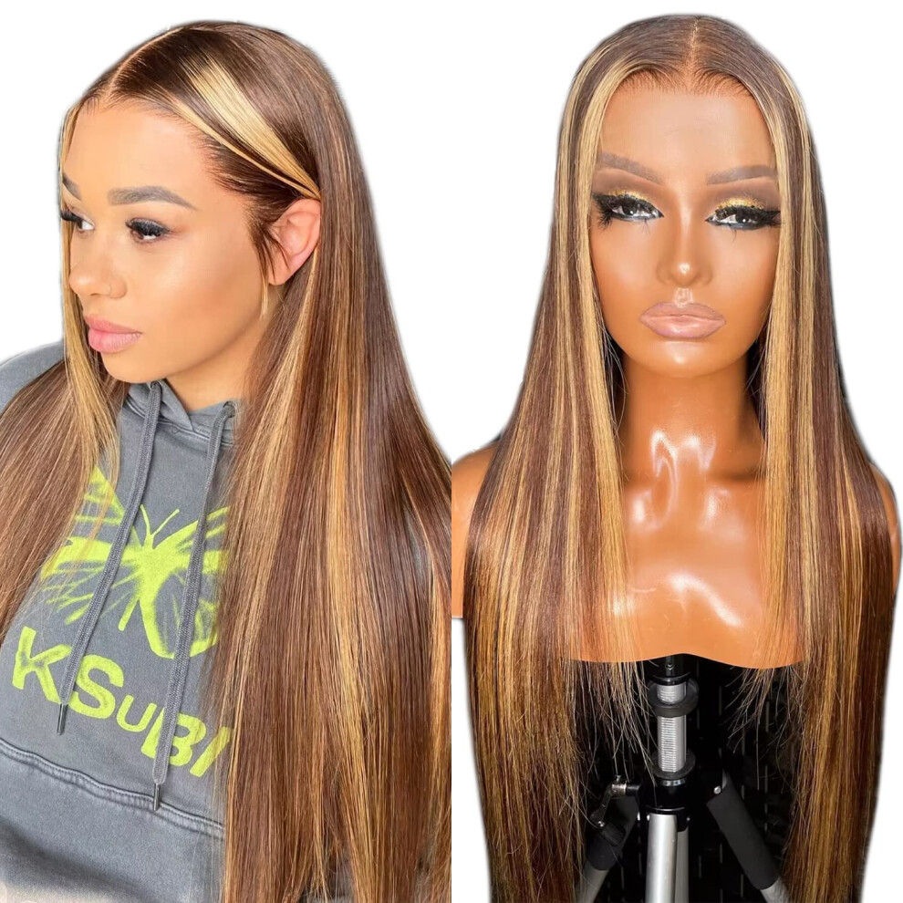 Human Hair Lace Front Wig Honey Blonde Ombre 4x4 HD Lace Pre Plucked Brazilian Straight 26 Inch