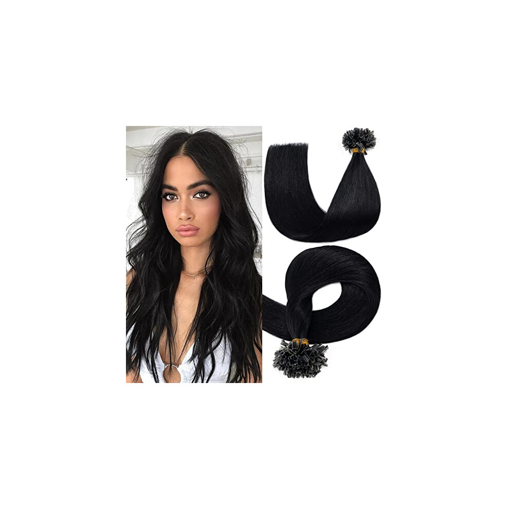 Unisex Black U Tip Human Hair Extensions 100 Strands Jet Italian Keratin Silky Straight Natural Shine