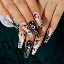 Press on Nails Halloween Coffin Shape Acrylic Fake Nails with Skull and Ghost Design 24Pcs