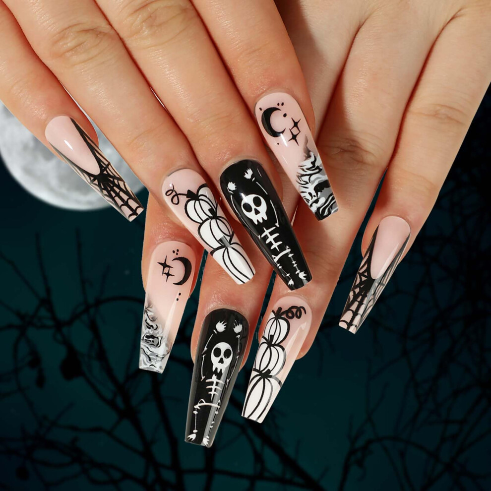Press on Nails Halloween Coffin Shape Acrylic Fake Nails with Skull and Ghost Design 24Pcs