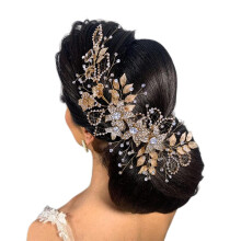 Bridal Headband with Crystals and Pearls, Gold or Silver Leaf Wedding Hair Accessory for Bride