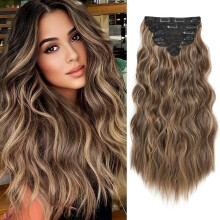 Clip in Hair Extensions 20 Inch Honey Blonde Long Wavy Synthetic Hair for Full Head Volume