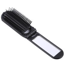 Folding Hair Brush with Builtin Mirror Compact Travel Hair Comb Pocket Size for Purse Gym Car Black
