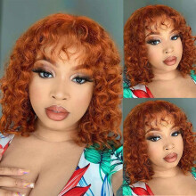 Lace Front Bob Wig Human Hair 13x6 T Part Ginger Orange with Bangs Loose Wave Natural Hairline