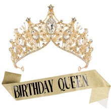 Gold Birthday Crown and Tiara with Rhinestones and Sash Set for Women, Happy Birthday Accessories