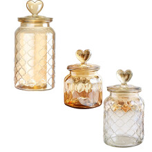 3pcs Heart Shaped Lid Glass Flour Candy Container Embossed Glass