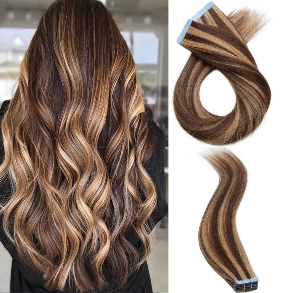 Unisex Brown Tape In Human Hair Extensions 12 Inch Remy Medium Dark Blonde Seamless Skin Weft 50G