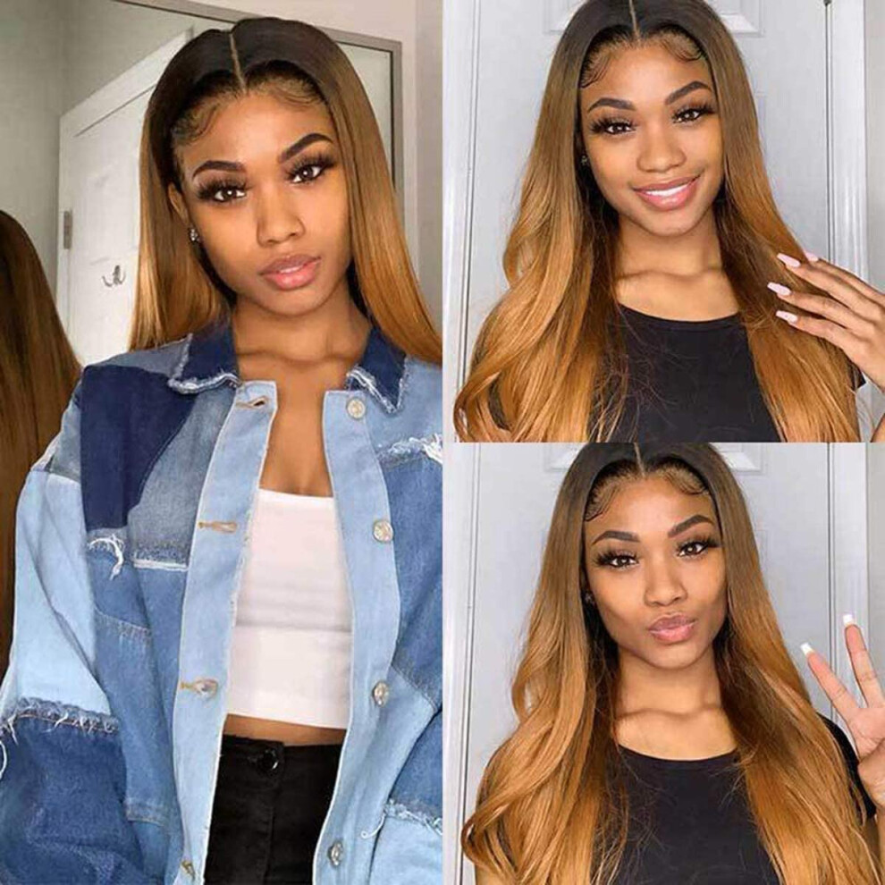 Unisex Human Hair Lace Closure Wig Ombre 1B30 Brazilian Virgin Hair 14 Inch Glueless Natural Hairline