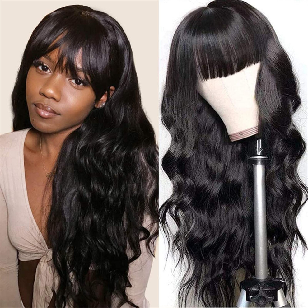 Unisex Black 22 Inch Body Wave Human Hair Wig With Bangs, Natural Glueless Readytowear, 150% Density