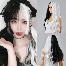 Long Wavy Wig for Women with Natural Middle Part, 22 Inch Cosplay Party Hair, Black and White