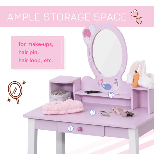 Homcom HOMCOM Kids Dressing Table and Stool Set Make Up Desk with Storage (Pink) 2