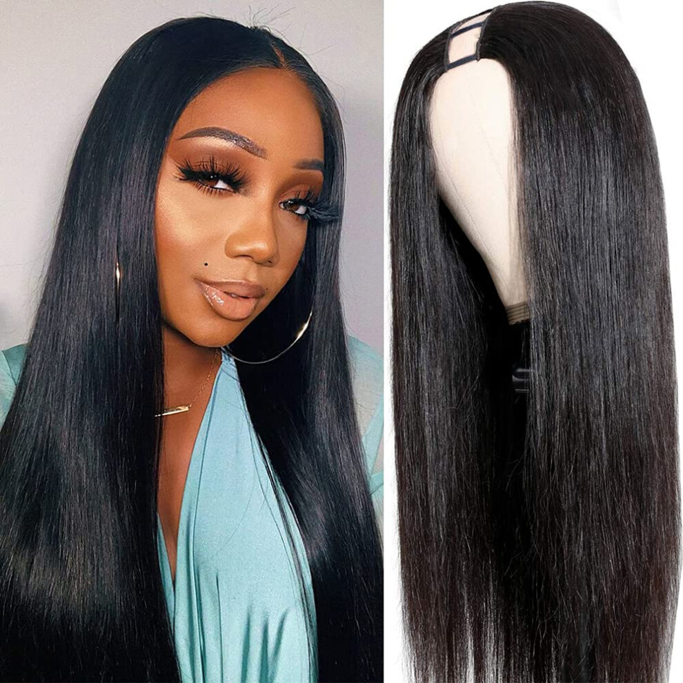 Straight U Part Wig Human Hair with Natural Hairline Blend, Glueless ClipIn for Black Women, 16 Inch Brazilian Virgin Hair
