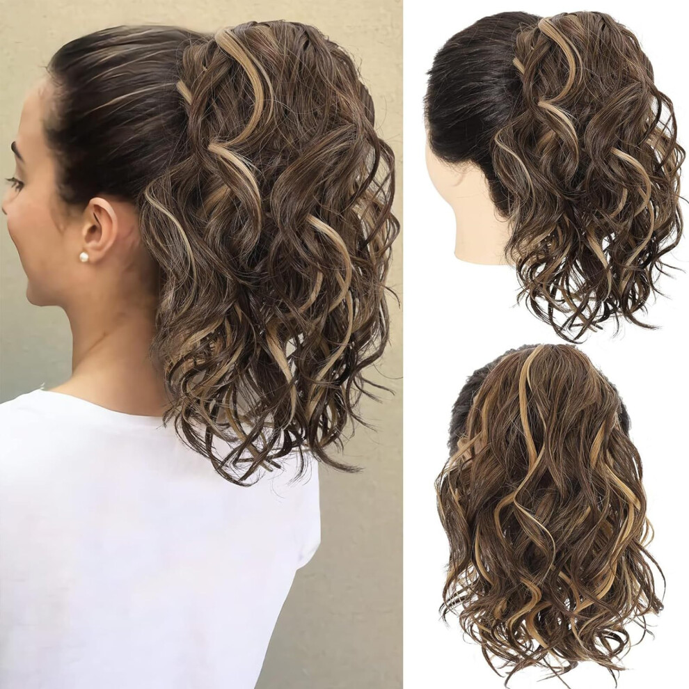 Short Curly Claw Clip Ponytail Extension Hair Bun with Reddish Brown Blonde Highlights 10 Inch