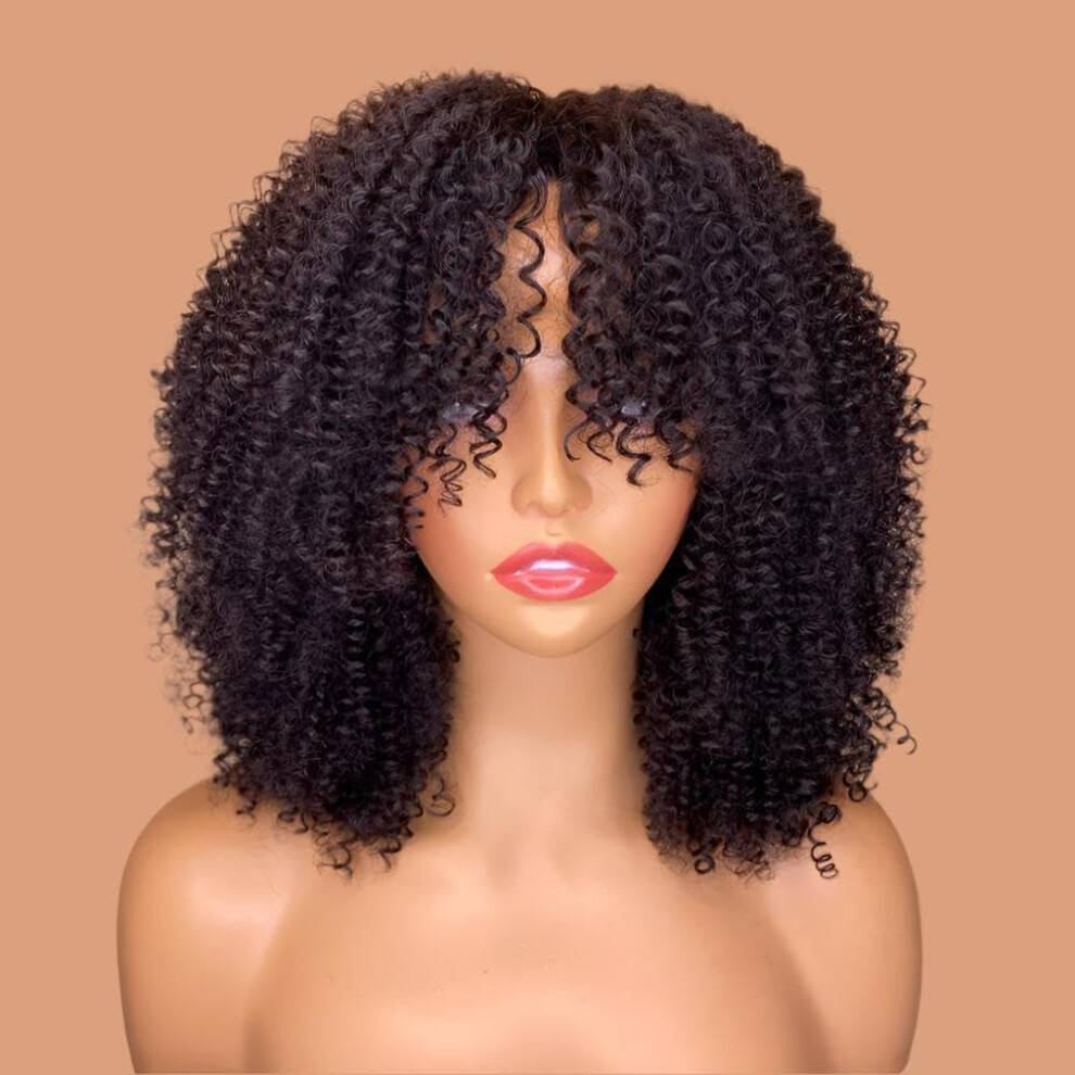 Kinky Curly Human Hair Wig with Bangs 10 Inch 150 Density Natural Texture for Women