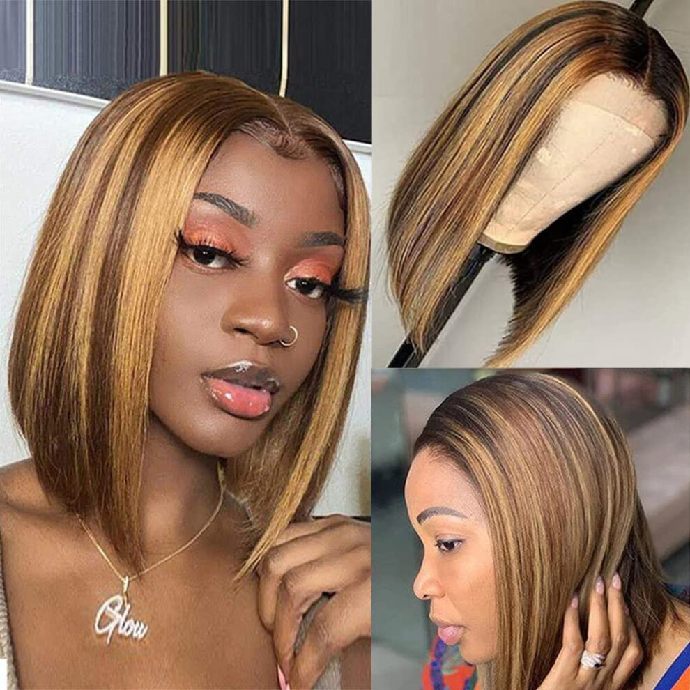 Unisex Bob Lace Front Wig Human Hair 8 Inch Ombre P4/27 Highlight Brazilian Wig Natural Hairline