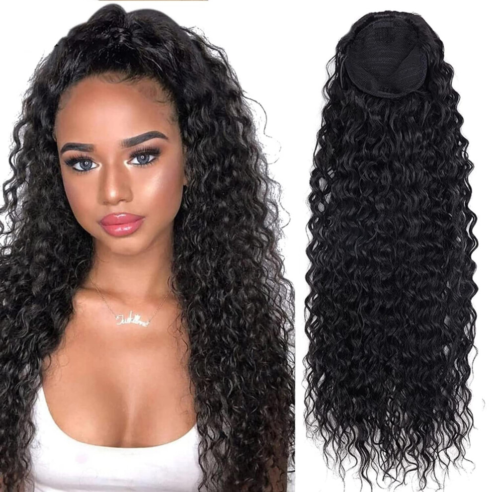 Unisex Black 18 Inch Kinky Curly Human Hair Ponytail Extension With Secure Drawstring Wrap Natural 1B