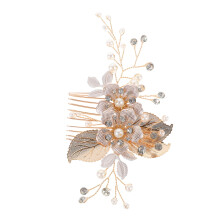 Elegant Golden Leaf Wedding Hair Comb with Pearls and Rhinestones for Bridal Updo and Veil