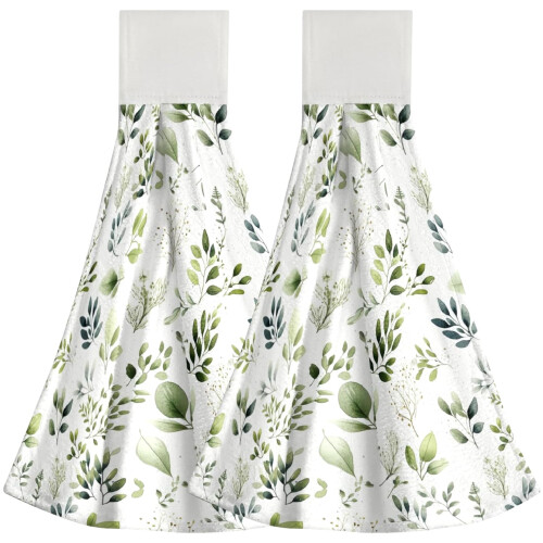 2PCS  Absorbency Hanging Kitchen Towels with Leaf Pattern and Loop for Kitchen and Bathroom