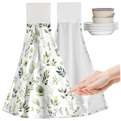 2PCS  Absorbency Hanging Kitchen Towels with Leaf Pattern and Loop for Kitchen and Bathroom 1