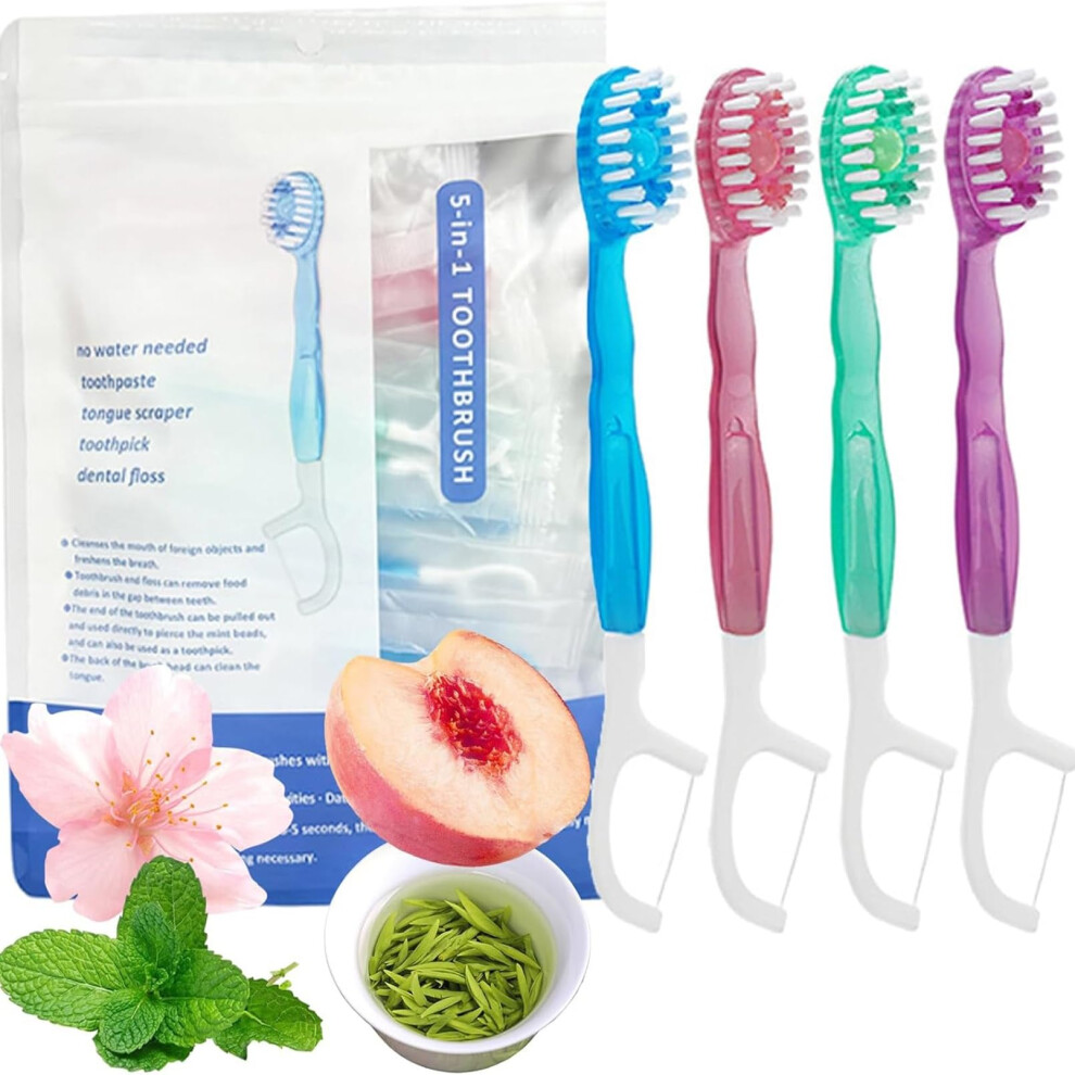 Disposable Travel Toothbrush 5 in 1 with Floss Tongue Scraper Toothpick and Preloaded Toothpaste
