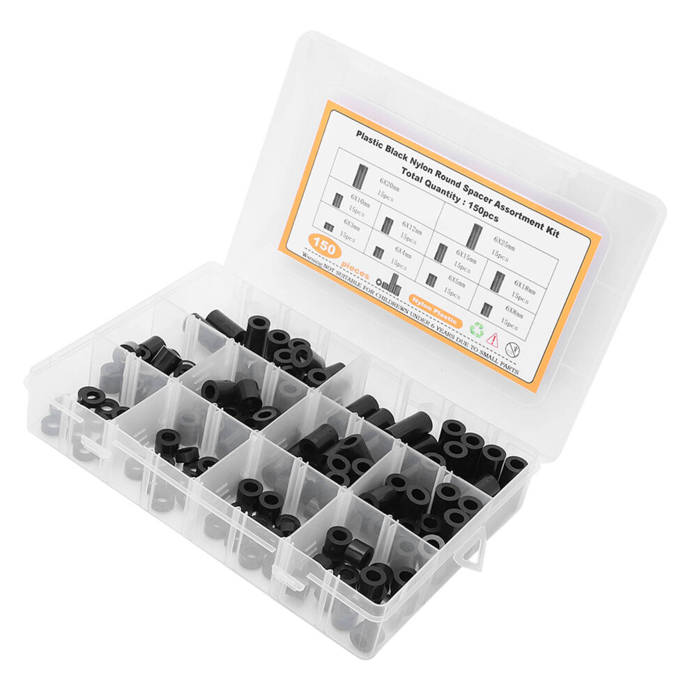 Nylon Spacers Assortment 150Pcs Black Round Plastic Standoff Kit For Screws 5031390083590