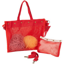 Large Knitting Bag Yarn Storage Organizer with Clear Mesh, Accessory Pouch, Red, Shoulder Strap