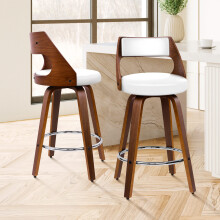 ALFORDSON 2x Swivel Bar Stools – Eden White PU Leather, Wooden Legs, 360 Swivel, Anti-Slip, 65cm Seat