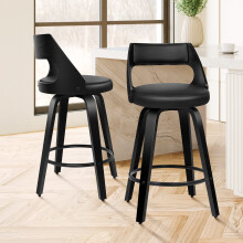 Alfordson 2x Swivel Bar Stools All-Black PU Leather, Wooden Legs, 360 Swivel, Chrome Footrest, Ultra Stable