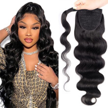 14 Inch Human Hair Ponytail Extension Wrap Around Body Wave Remy Clip In Natural Color