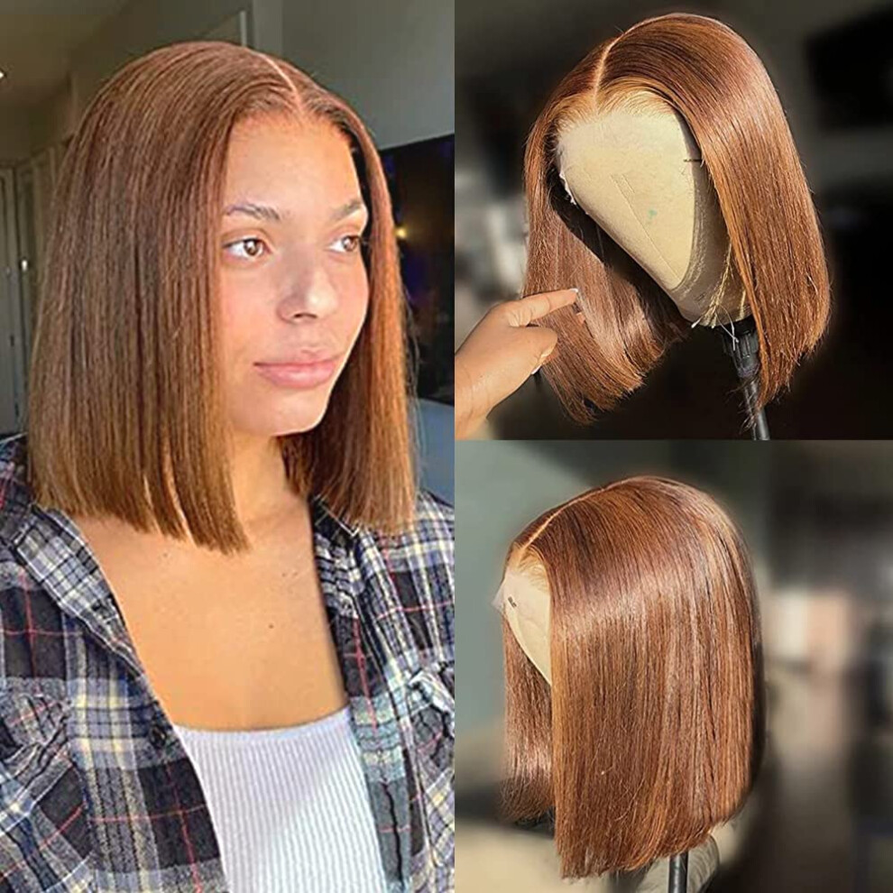 Unisex Brown Brazilian Virgin Human Hair Bob Wig 4X4 Lace Closure Natural Hairline Medium 14Inch