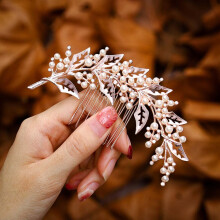 Bridal Hair Comb with Crystal Pearls, Elegant Leaf Wedding Hair Accessories for Brides Pink