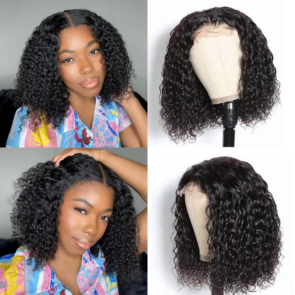 Human Hair Bob Wig Short Curly 4x4 Lace Closure Water Wave Pre Plucked Natural Hairline 10inch