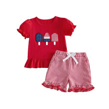 (18-24 Months, Red) Girls Independence Day Outfit Popsicle Embroidery Short Puff Sleeve Tops and Elastic Waist Plaid Shorts 2-Piece Set