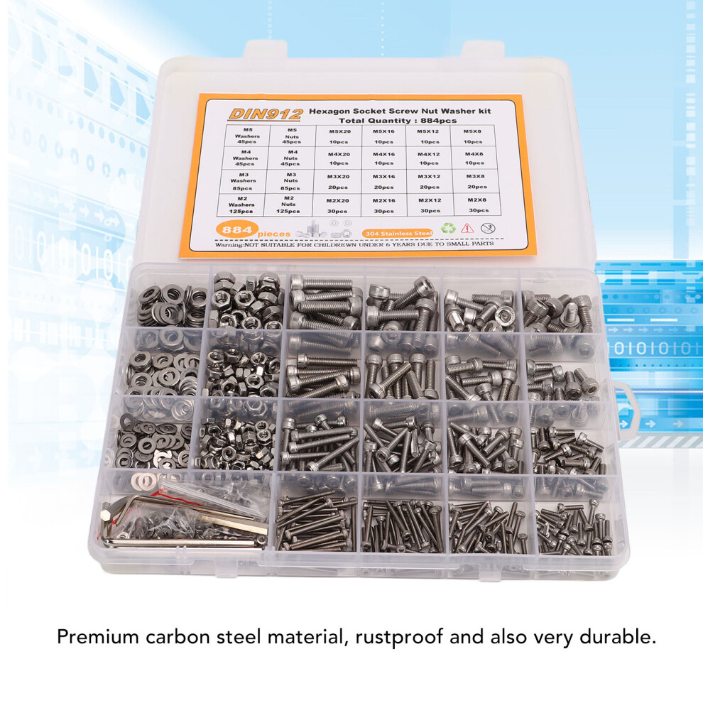 M2 M3 M4 M5 884Pcs Screw Nut Washer Pack