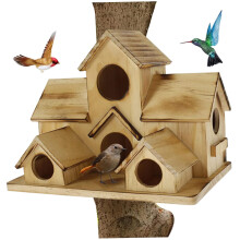 Rustic Wooden Birdhouse with SixRoom Castle Design for Outdoor Garden Decor and Multiple Birds