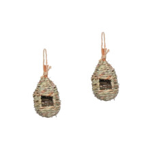 2pcs Natural Woven Grass Hanging Birdhouse with Dual Entrances for Small Birds Garden Nest