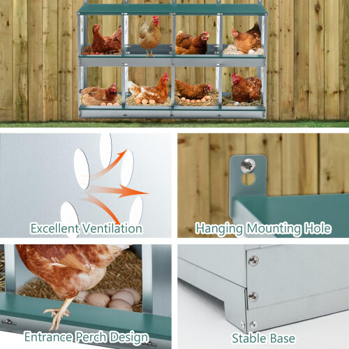 8 Compartment Chicken Nesting Boxes, Wall Mount Galvanized Steel Poultry Nest Box with Ventilation and Secure Lid 2