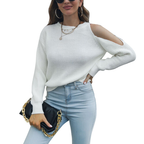 Langarm-One-Shoulder-Strickpullover für Damen – Größe L, Weiß 1