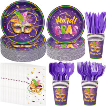 Mardi Gras Party Supplies Tableware Set for 100 Guests, Purple Gold Disposable Plates Cups Napkins