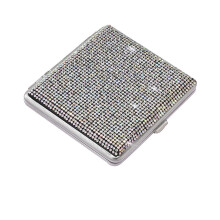 White Rhinestone Cigarette Case for 20 Cigarettes with Bling Holder and Secure Spring Clip Closure