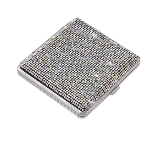 White Rhinestone Cigarette Case for 20 Cigarettes with Bling Holder and Secure Spring Clip Closure
