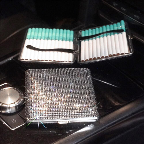 White Rhinestone Cigarette Case for 20 Cigarettes with Bling Holder and Secure Spring Clip Closure 1