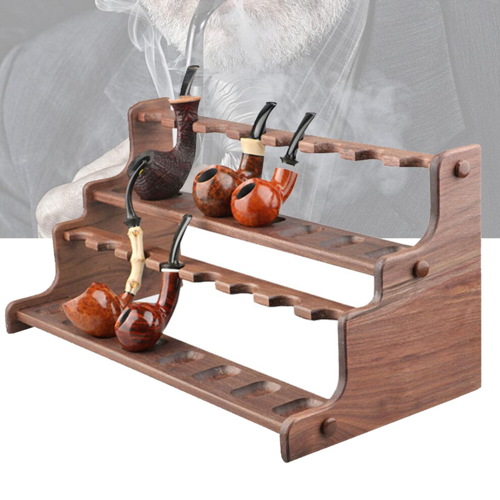 Brown Wooden Tobacco Pipe Stand For 16 Pipes, Handmade Walnut 3Tier Smoking Pipe Display Rack