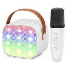 Bluetooth Karaoke Machine for Kids with Dual Wireless Microphones LED Lights Voice Effects White