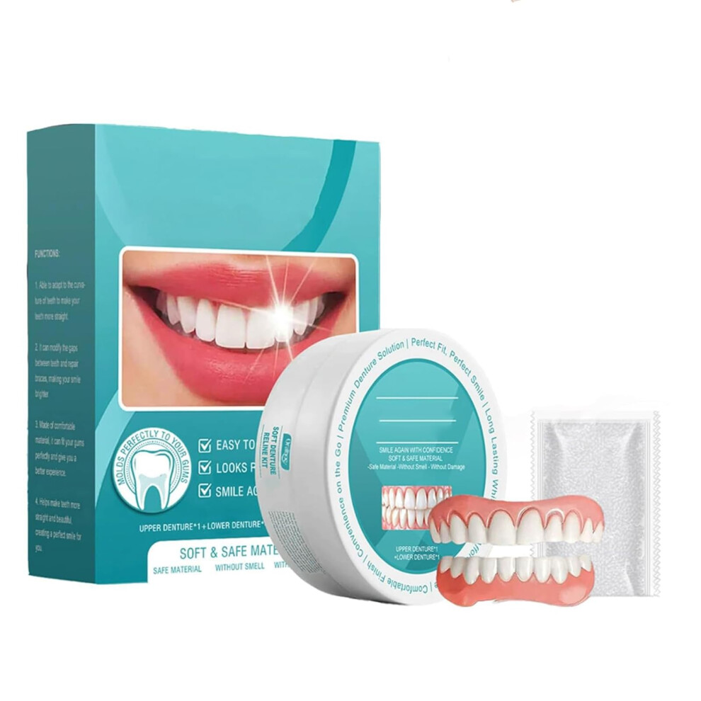 Silicone Dentures Set with Reline Tool for NaturalLooking Smile, Waterproof Comfortable Fake Teeth