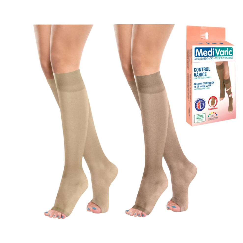 1520 mmHg Knee  Open Toe Medical Compression Socks for Women, Breathable, Sand and Nude, 2 Pack, Size L